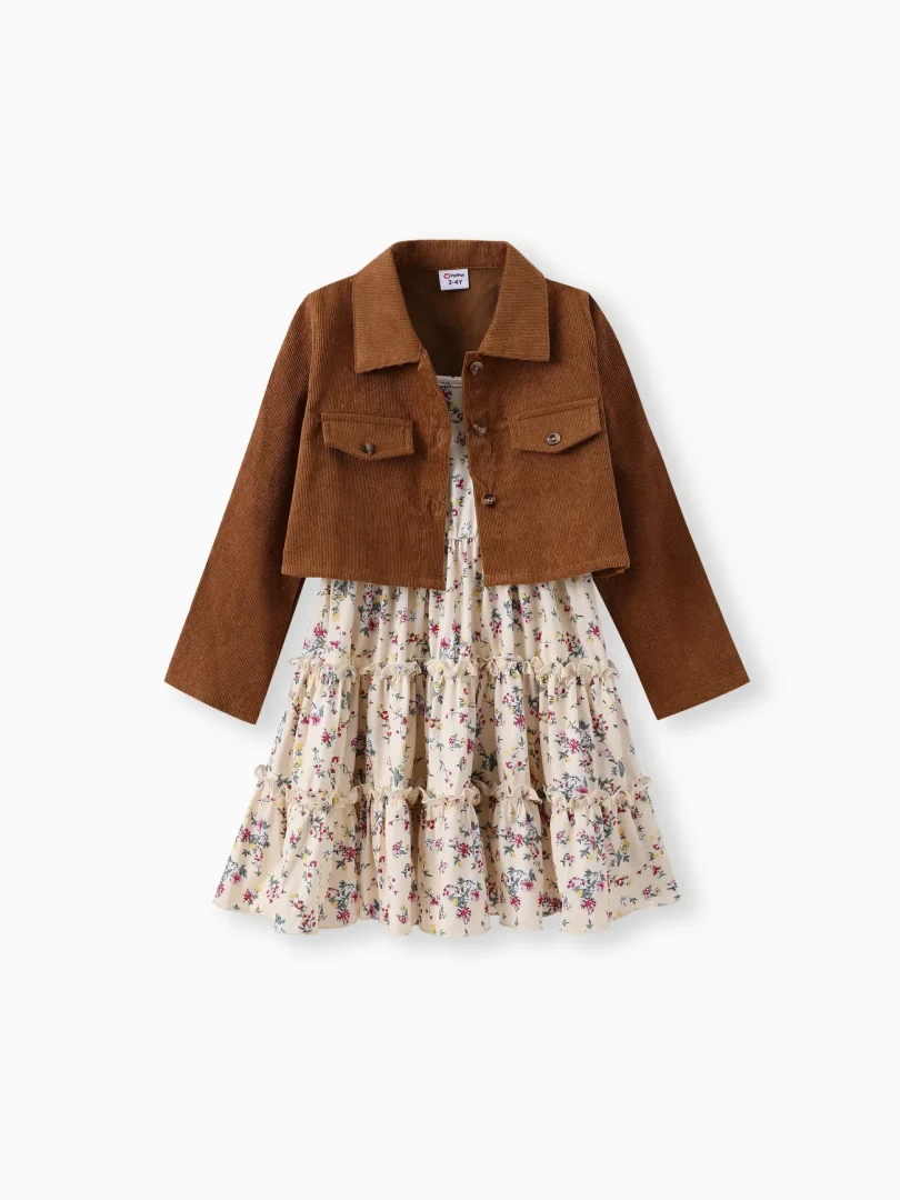 2pcs Toddler Girl Buttons Front Long-sleeve Jacket and Allover Floral Print Ruffle Slip Dress Set