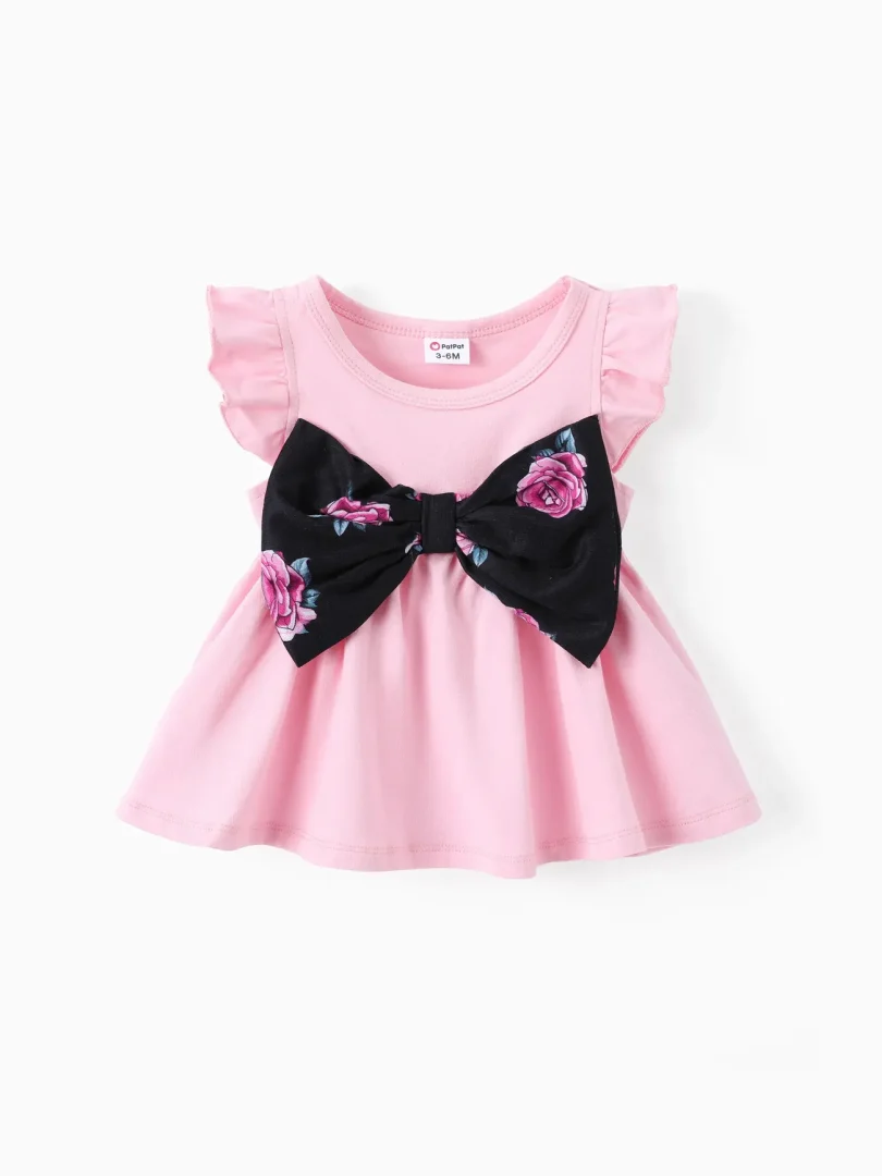 2pcs Baby/Toddler Girl Sweet Bowknot Flutter-sleeve Top and Floral Print Leggings Set - Image 2
