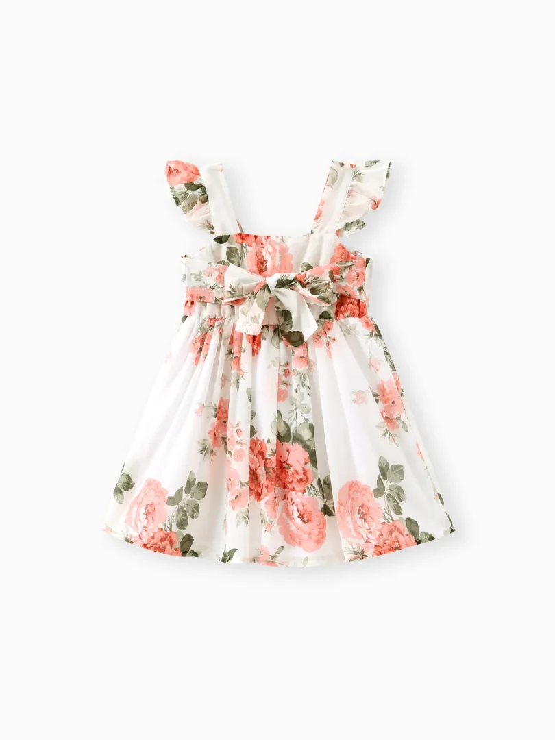 Toddler Girl Floral Print Square Neck Ruffled Bowknot Design Sleeveless Strap Dress