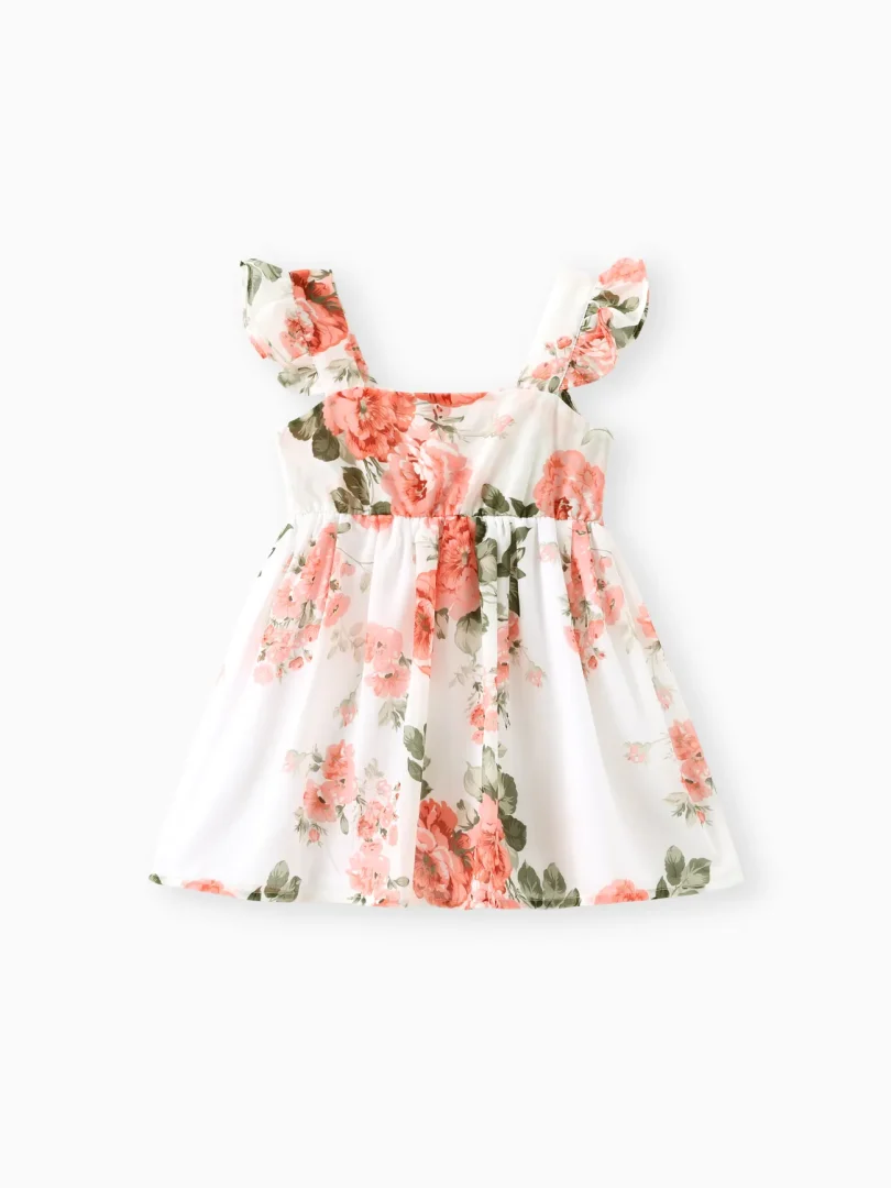 Toddler Girl Floral Print Square Neck Ruffled Bowknot Design Sleeveless Strap Dress - Image 2