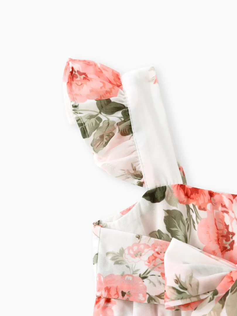 Toddler Girl Floral Print Square Neck Ruffled Bowknot Design Sleeveless Strap Dress - Image 4