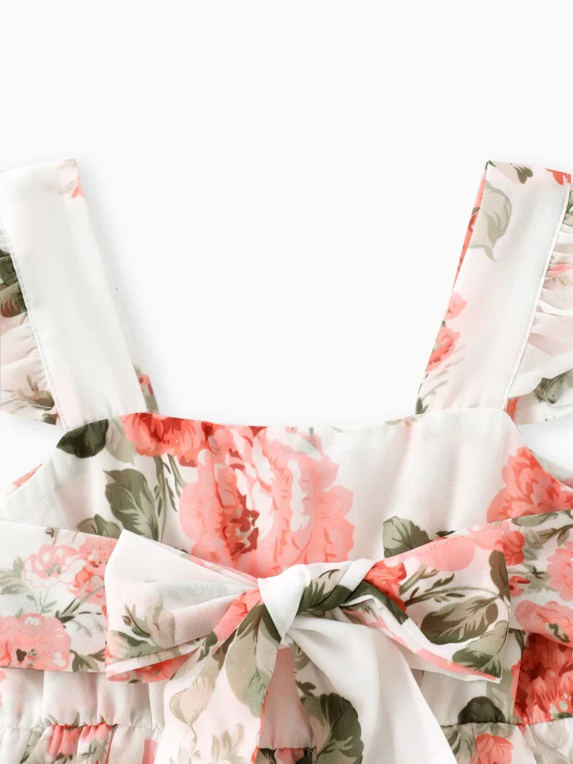 Toddler Girl Floral Print Square Neck Ruffled Bowknot Design Sleeveless Strap Dress - Image 3