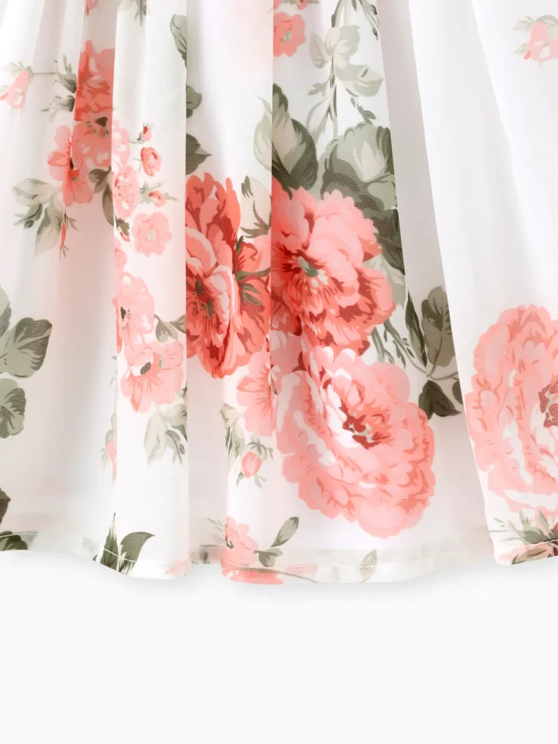 Toddler Girl Floral Print Square Neck Ruffled Bowknot Design Sleeveless Strap Dress - Image 6