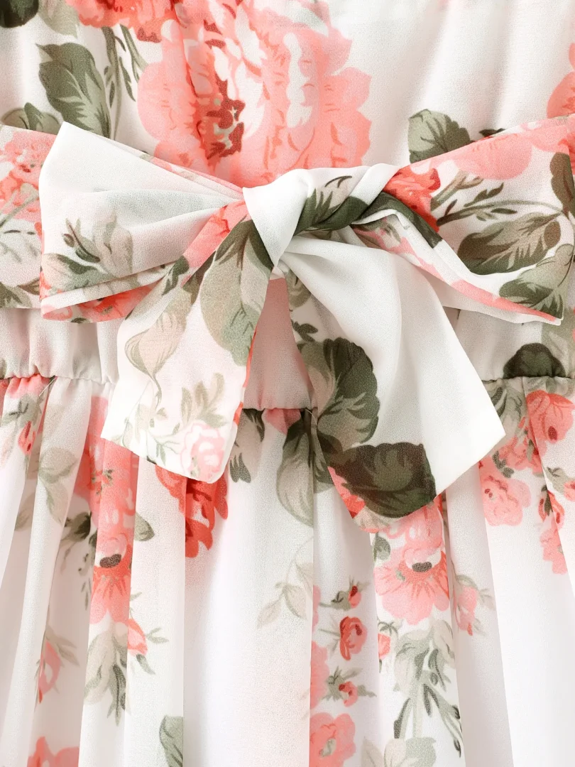 Toddler Girl Floral Print Square Neck Ruffled Bowknot Design Sleeveless Strap Dress - Image 5