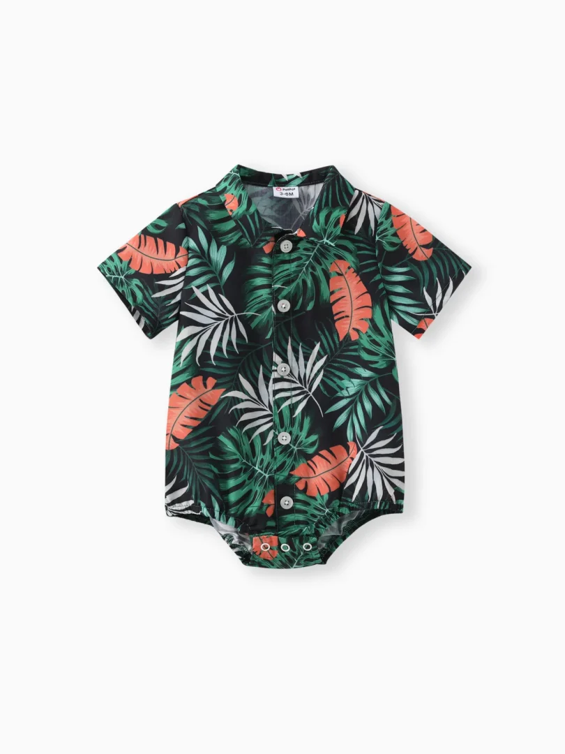 Baby Boy Square-Cut Collar Tropical Floral Print Romper and Overall Shorts Set - Image 2