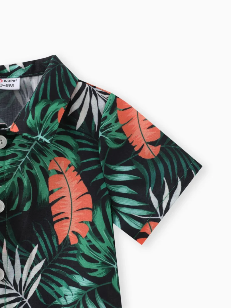 Baby Boy Square-Cut Collar Tropical Floral Print Romper and Overall Shorts Set - Image 4