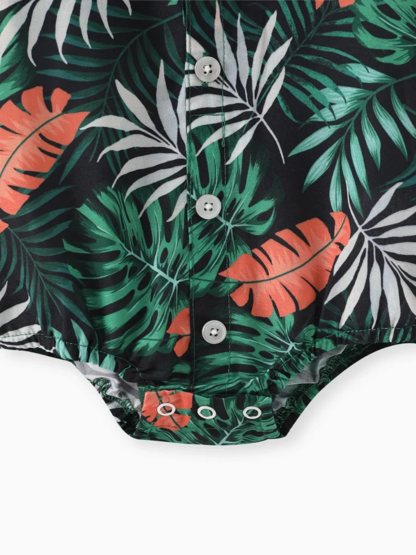 Baby Boy Square-Cut Collar Tropical Floral Print Romper and Overall Shorts Set - Image 3