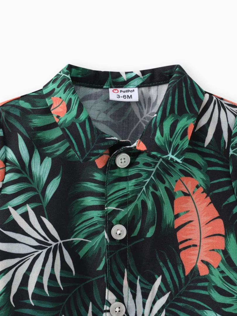 Baby Boy Square-Cut Collar Tropical Floral Print Romper and Overall Shorts Set - Image 5