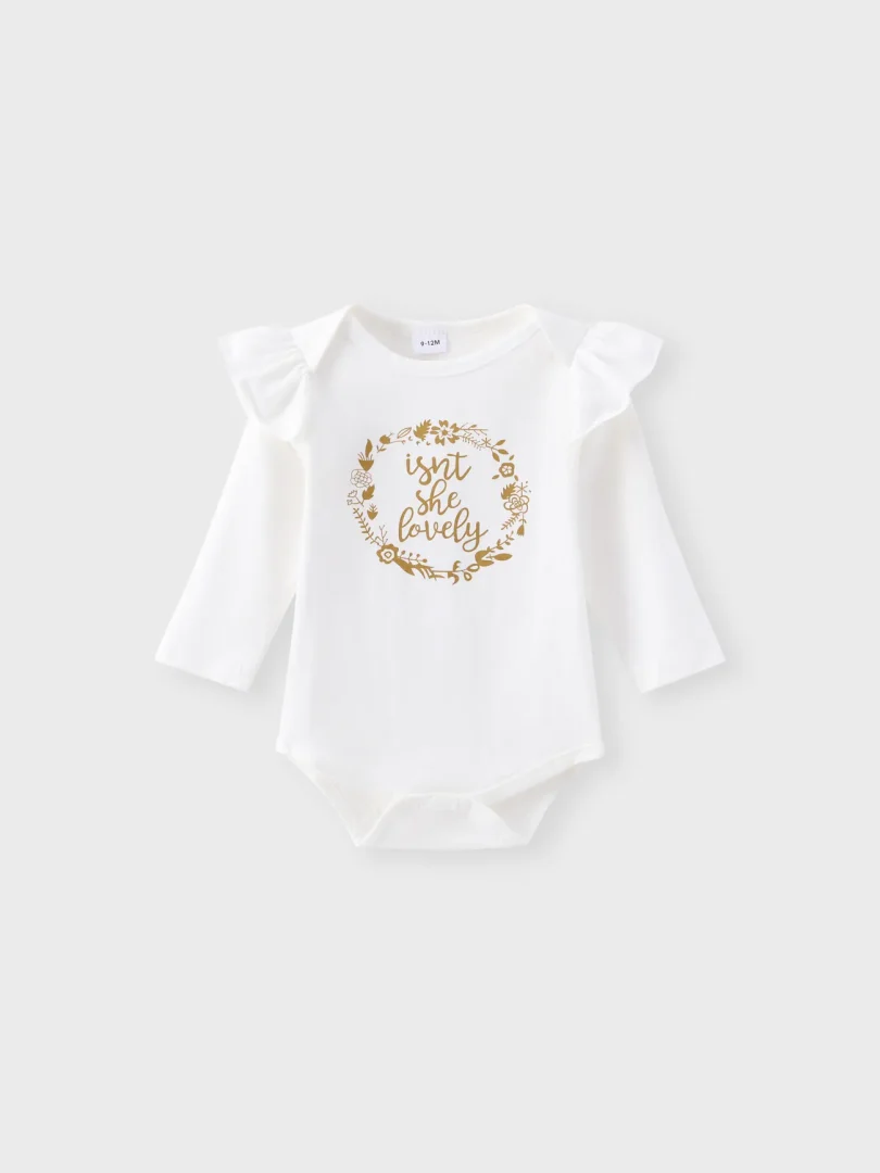 3pcs Baby Girl 95% Cotton Ruffle Long-sleeve Letter Ptint Romper and Polka Dots Pants with Headband Set - Image 2