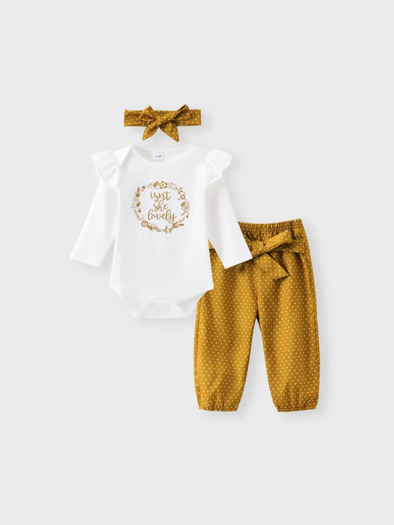 3pcs Baby Girl 95% Cotton Ruffle Long-sleeve Letter Ptint Romper and Polka Dots Pants with Headband Set