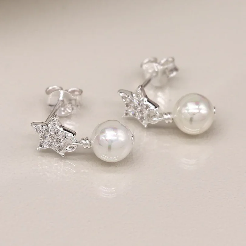 Sterling Silver Crystal Star and Pearl Drop Earrings - Image 2